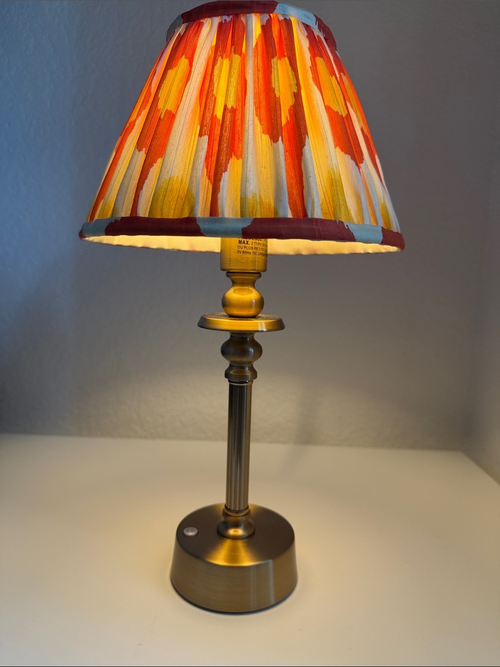 Pooky Brass Table Lamp with Multicolor Abstract Fabric Shade - Rachargable